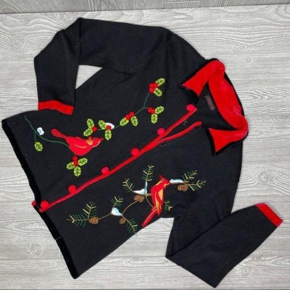 Vintage Bobby bell embroidered cardinal bird holly Christmas sweater med - Picture 1 of 7